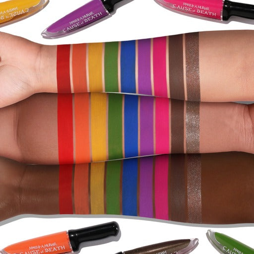 rainbow liquid eyeshadow bold colorful eyeshadow pigment cause of death crime scene makeup vibrant matte watterproof smudge proof smudge resistant water resistant blood red knife makeup knife cosmetics makeup a murder makeup swatches taste the rainbow glitter eyeshadow topper affordable makeup crime scene makeup toxic waste eyeliner alt makeup goth makeup alternative brand goth brand murder shop